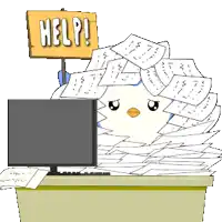 a sign that says help is above a desk with papers on it