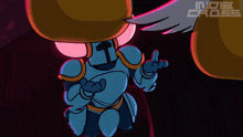 a cartoon of a knight with horns and the words indie cross above him