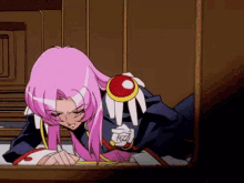 a girl with pink hair is laying on the floor and looking out a window .