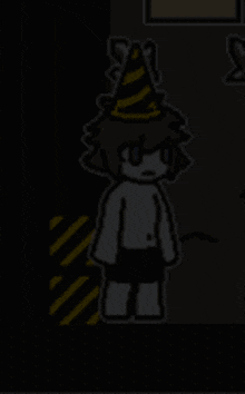a cartoon character wearing a yellow and black party hat .