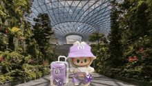 a stuffed animal is carrying a suitcase and a purple hat .