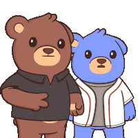 a brown teddy bear and a blue teddy bear are standing next to each other on a white background
