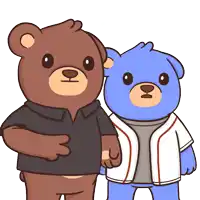 a brown teddy bear and a blue teddy bear are standing next to each other on a white background