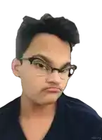 a young man wearing glasses and a blue shirt is making a face