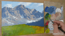 a painting of a mountain landscape is being made in animotica
