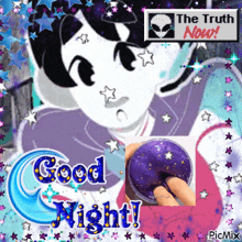 a picture of a person holding a purple slime with the words good night on it