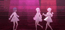 three anime girls are dancing on a stage in front of a red light .