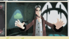 a cartoon character wearing goggles and a jacket is standing in a room with his hands outstretched .