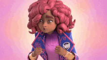 a cartoon girl with pink hair is wearing a jacket with a badge that says ' academy ' on it