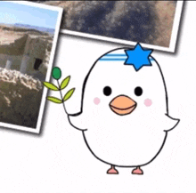 a cartoon duck with a blue star on its head is holding a plant in front of some pictures .