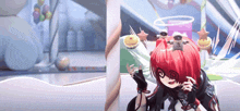 a cartoon character with red hair and black gloves holding a cupcake