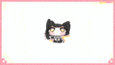 a cartoon girl with a bow on her head is holding a stick in front of the word money
