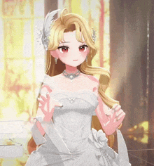 a girl in a white dress with feathers in her hair