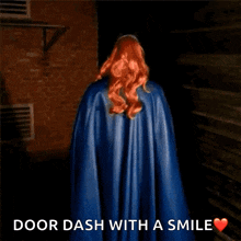 a woman in a batman costume with the words door dash with a smile