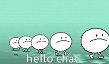 a group of cartoon characters are walking in a row and the words hello chat are on the bottom