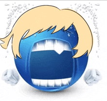 a blue smiley face with a blonde haired head