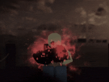 a cartoon character is standing in a dark room with red flames around him