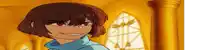 a pixel art drawing of a girl with short brown hair and red eyes smiling in front of a window .