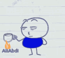 a drawing of a person holding a cup with the name aliabdi on the bottom right