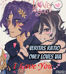 a drawing of two anime characters with the words veritas ratio only loves via i love you on it