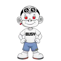 a cartoon character wearing a white shirt that says busy