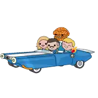 a cartoon of the fantastic four driving a car