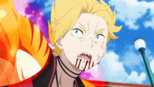 a close up of a cartoon character with yellow hair and a bloody mouth