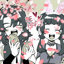 a cartoon drawing of two girls with the words be happy written on it