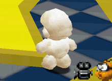 a white teddy bear in a video game is standing in front of a yellow block