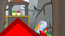 a cartoon drawing of a snowman holding a pencil and a ruby