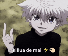 a picture of a boy with the words killua de mai written below him