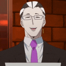 a man wearing glasses and a purple tie smiles