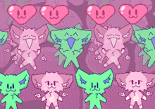 a pixel art drawing of a cat with hearts on its face