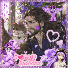 a picture of a man surrounded by purple flowers with the words " my husband "