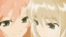 two anime girls are looking at each other and one has pink hair