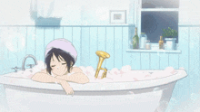 a girl is taking a bath with a trumpet in it