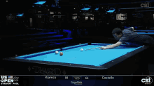 a man is playing pool with a cue on a diamond pool table