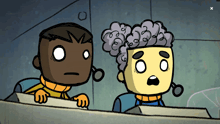 two cartoon characters are sitting next to each other and one has a surprised expression on his face