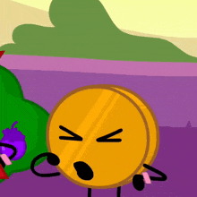 a cartoon illustration of a gold coin with a face and arms .