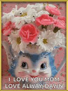 a picture of a blue cat with flowers on its head .