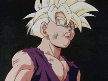 a close up of a cartoon character with a purple shirt and white hair