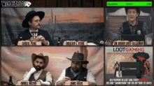 a group of men are sitting in front of a sign that says wild cards