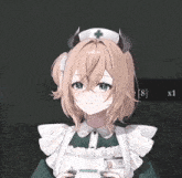 a nurse with horns on her head is wearing a white hat with a cross on it
