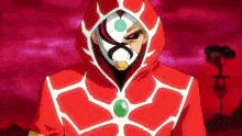 a cartoon character is wearing a red hoodie and a mask