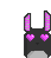 a pixel art drawing of a black rabbit with purple eyes and ears .