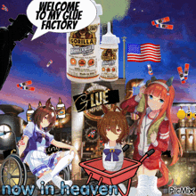 a collage of anime characters and gorilla glue says welcome to my glue factory now in heaven