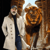a man in a white coat is standing next to a large lion