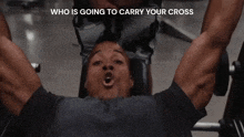 a man laying on a bench with the words who is going to carry your cross on the bottom