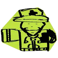 a cartoon drawing of a man wearing a hat and holding a book