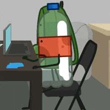 a cartoon of a bottle with arms and legs sitting at a desk with a laptop